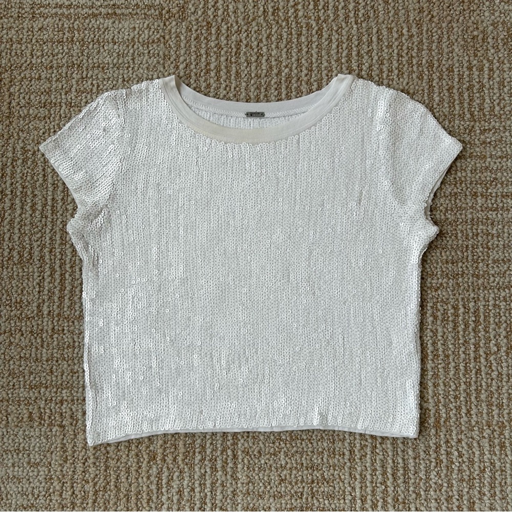 NWOT Chan Luu White Sequins Crop Tee Top - XS